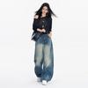 Retro American Street Flanged Waist Design Jeans Women's Autumn New Loose and Versatile Mopping Wide-leg Pants Tide