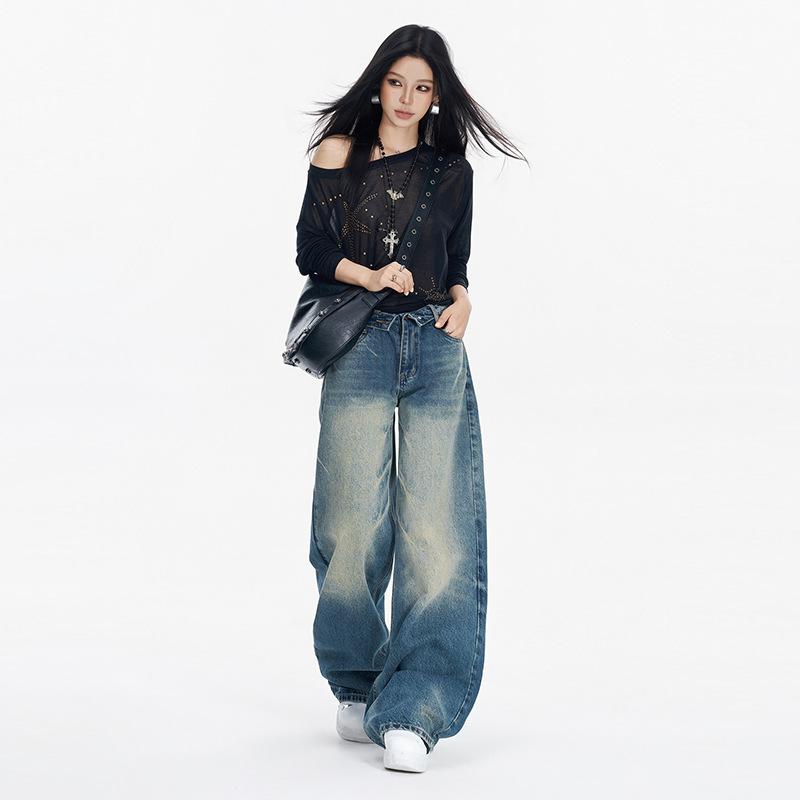 Retro American street flanged waist design jeans women's autumn new loose and versatile mopping wide-leg pants tide