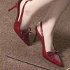Evening breeze beautiful bow high heels women's summer new pointed thin heel light mouth fairy wind bag head sandals