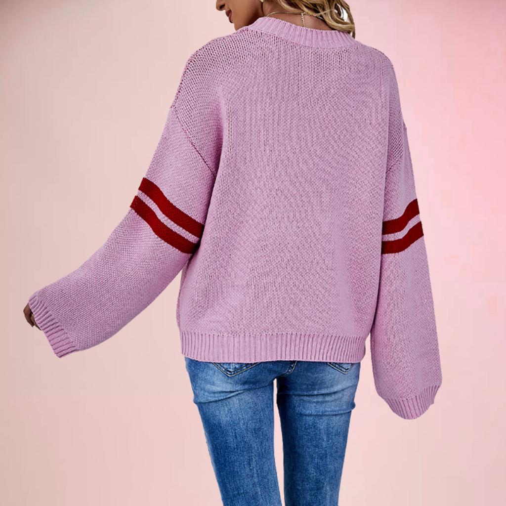Women's Winter Versatile Long Sleeve Contrast Color Valentine's Day Love Loose Knitted Round Neck Pullover Sweater