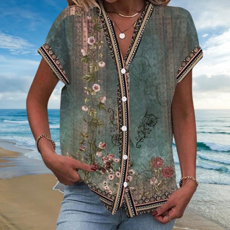 2025 Retro Ethnic Print V-Neck Dolman Sleeve T-shirt