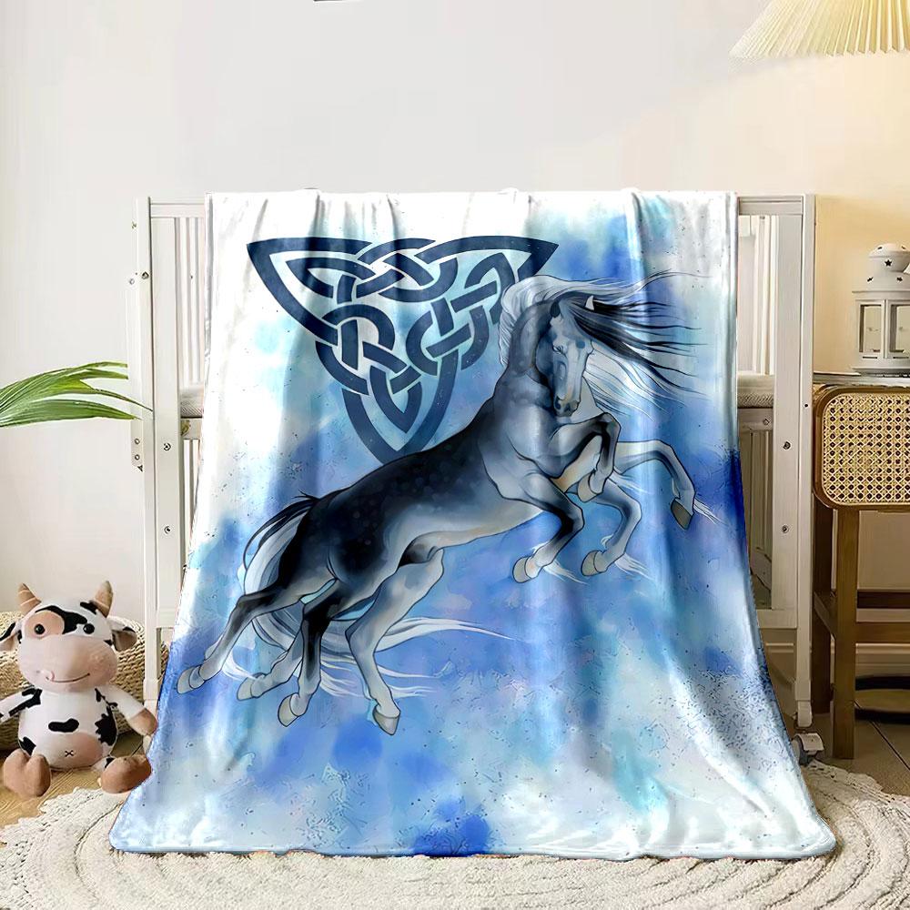 A Celtic knot symbol with a galloping horse on a blue watercolor background. for all seasons blanket lunch break throw gift 80cm x 120cm