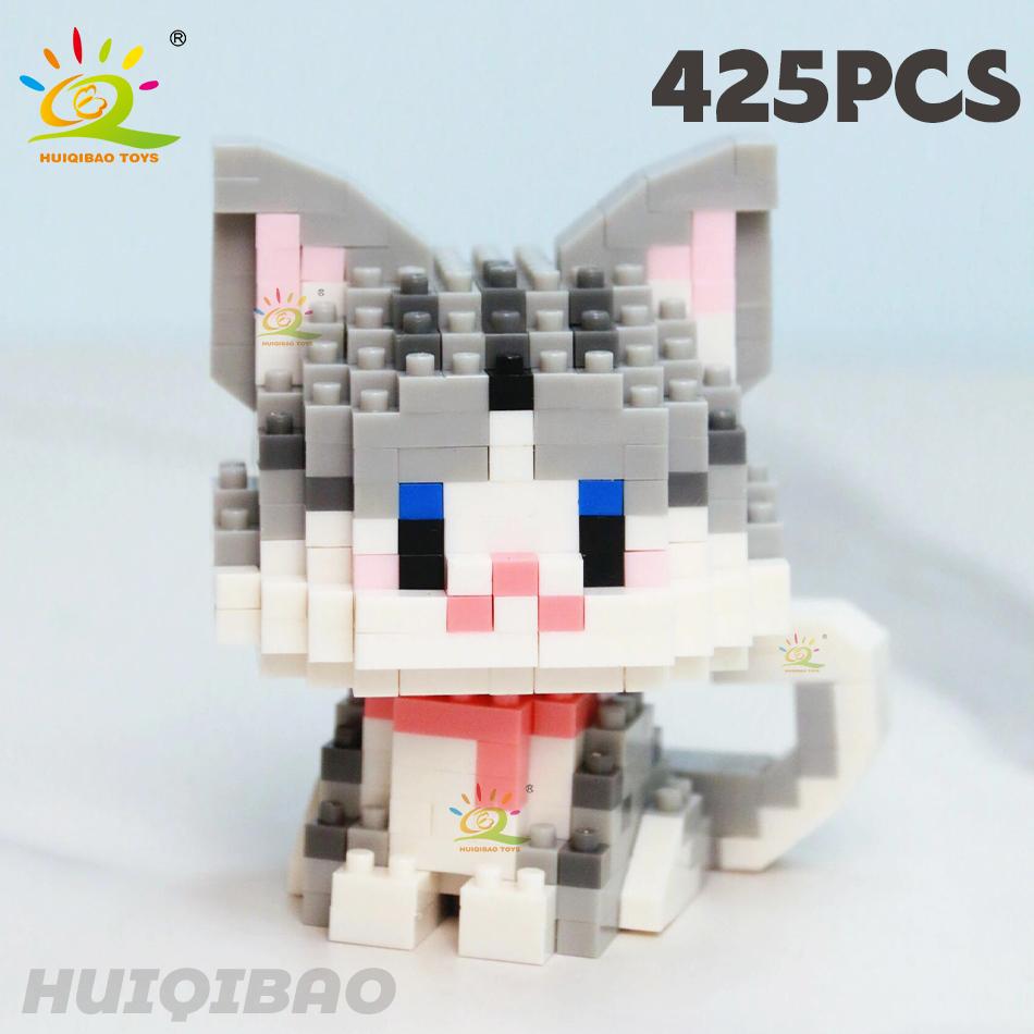HUIQIBAO Cute Cat Micro Model Building Block Kids Mini Pets City Cartoon Animal Diamond Bricks Educational Toys Children Gift