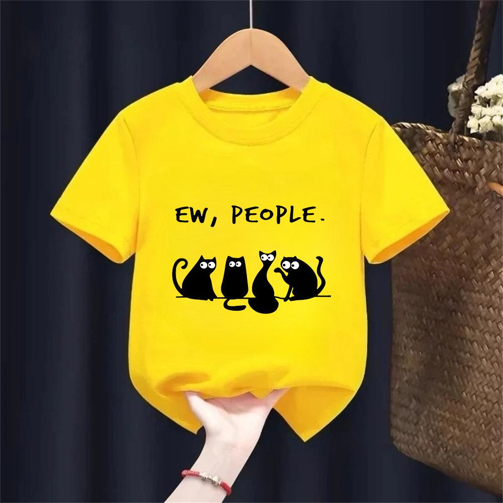 EW PEOPLE Letter Print Kids TShirt Summer Childrens Pure Cotton Shortsleeved Casual Tops Boysgirls Gifts Black Cat Pattern