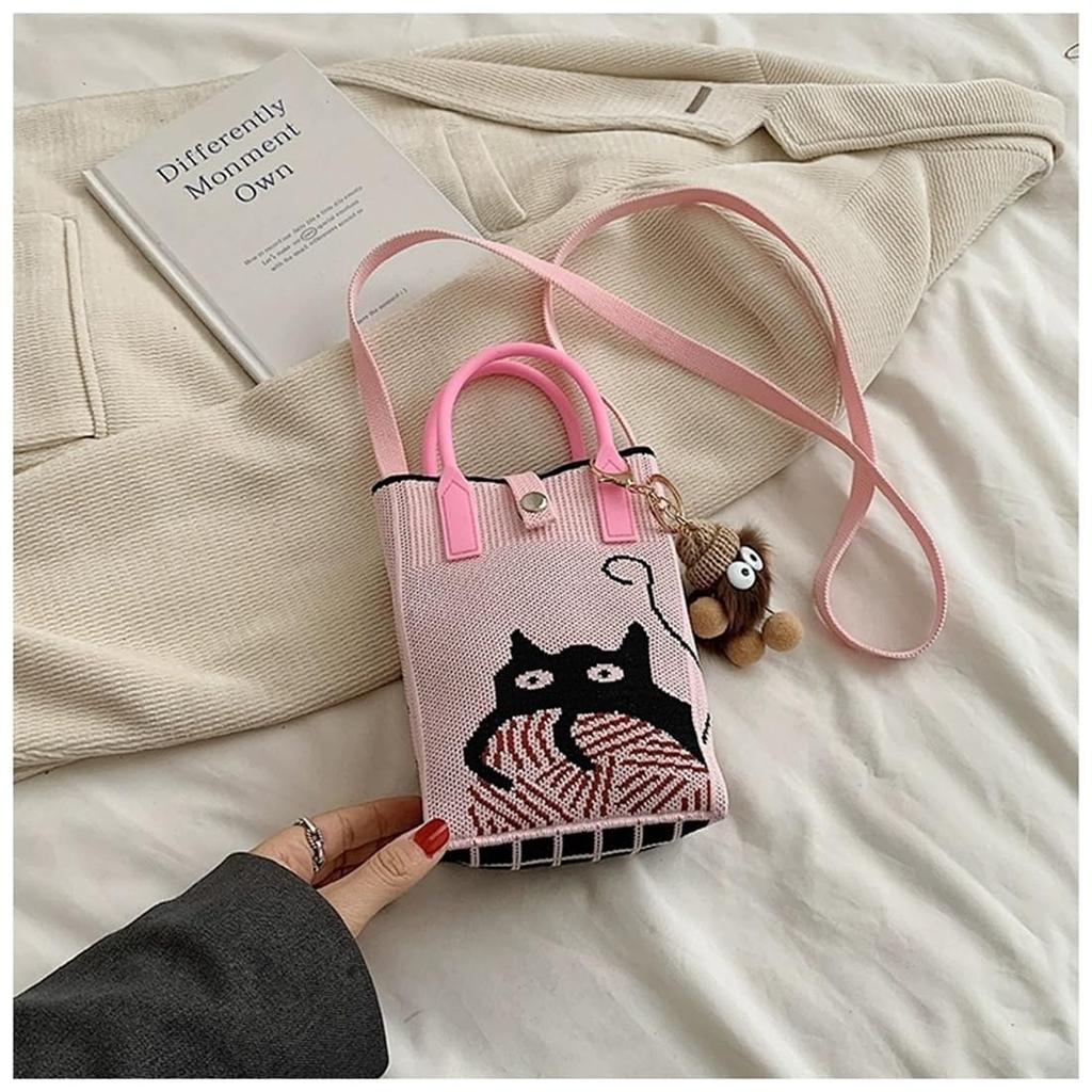 Huimei Women's Knit Smartphone Pouch, Shoulder Bag, Crossbody Phone Pouch, Vertical Knit Wallet Pochette, Cat Print Mini Bag, Cute, Lightweight