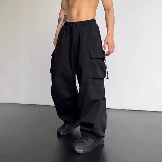 Men Casual Cargo Pants Hip Hop Baggy Trousers with Pockets Low-Rise Elastic Waist Drawstring Loose Pants for Spring Autumn Street Travel