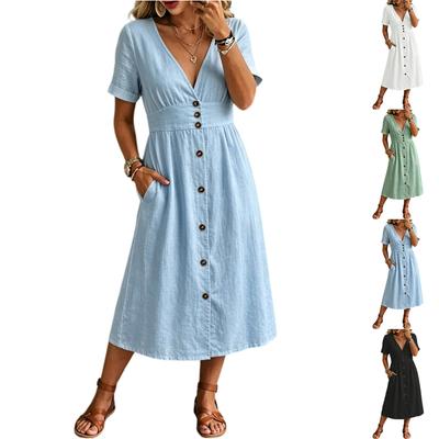 Women Short Sleeve V Neck Button Down Midi Dress with Pockets Casual Loose Fit Summer Linen Dress for Daily Wear