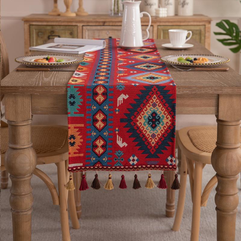 Yarn-Dyed Jacquard Tassel Trim Ins Coffee Table/TV Stand/Bed Decorative American Retro Bohemian Table Poly-Cotton Tablecloth