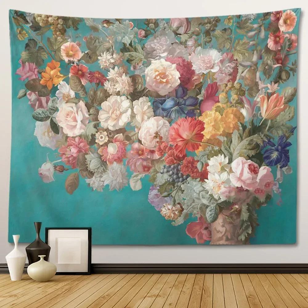 Retro European Style Floral Plant Theme Wall Hanging Bedroom Decorative Wall Tapestry Home Room Living Room Decoration