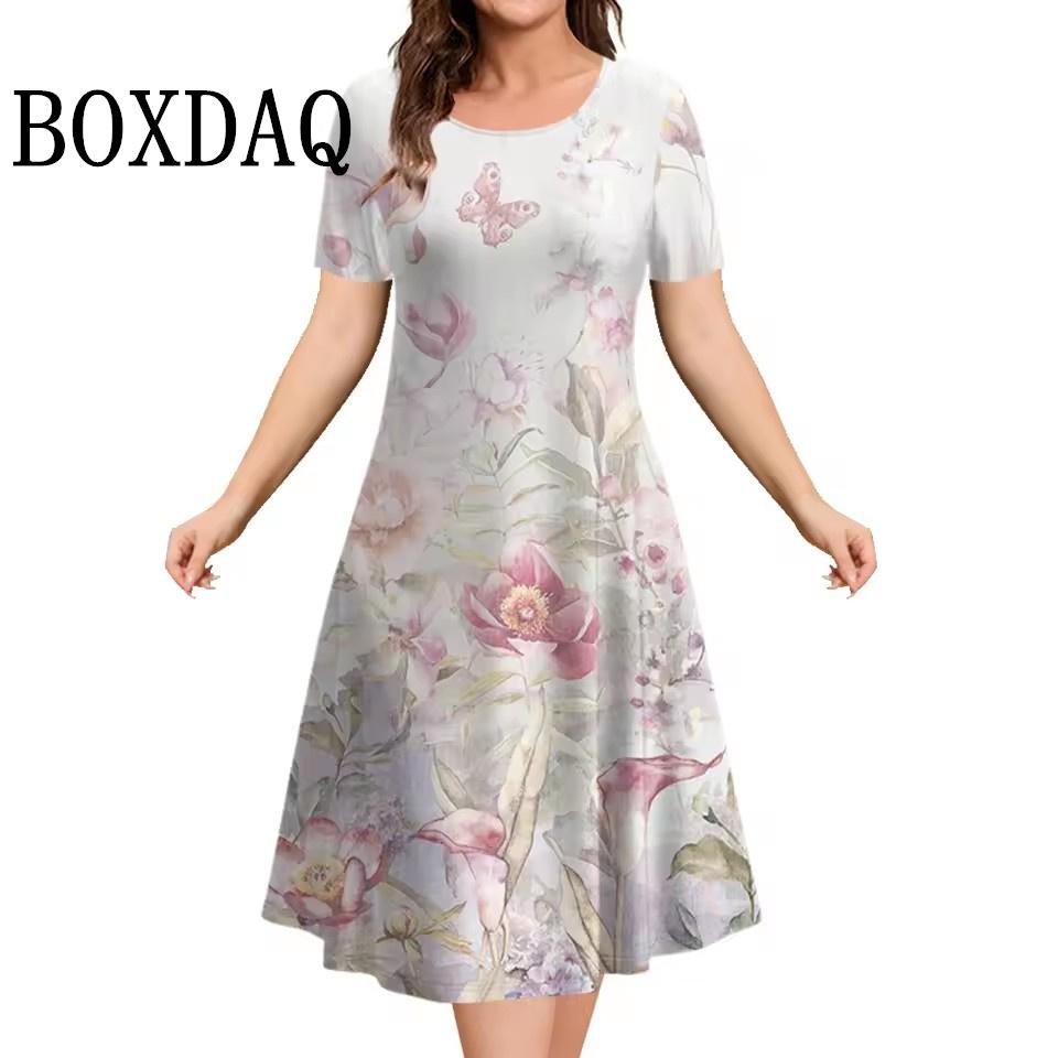 New 2025 Dresses Women 3D Flowers Printing Short-Sleeve Sundress Summer Casual Pullover Fashion Loose Ladies Dresses