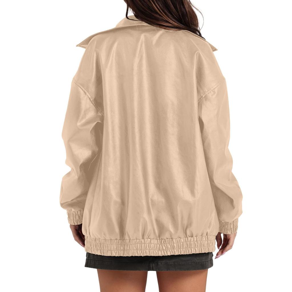 Women's Fashion Leather Jacket, Long-Sleeved, Lapel, Zipper, Side Pockets, Casual Windbreaker Coat