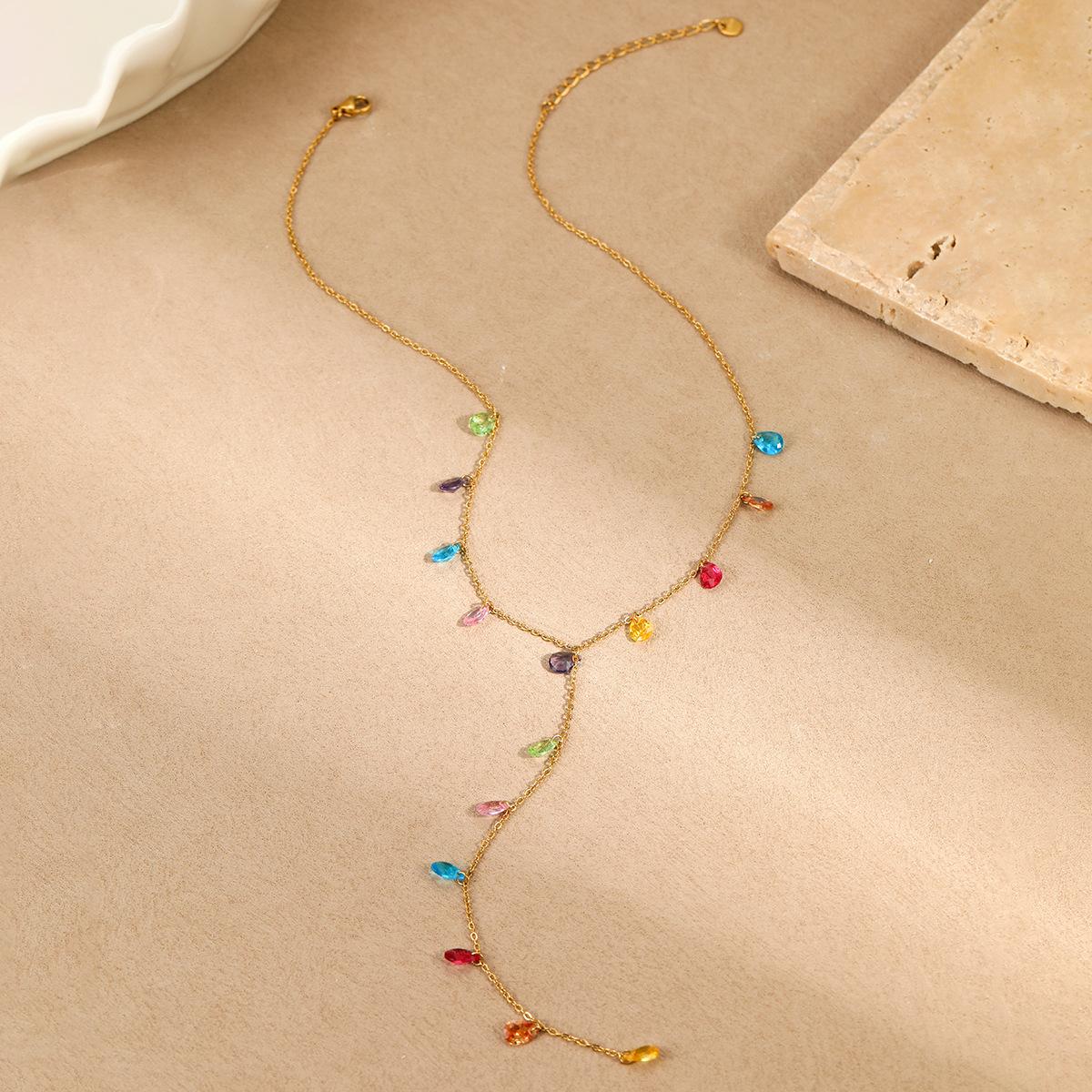Minimalist Stainless Steel Teardrop Crystal Y Necklace Elegant Colorful Water Drop Long Lariat Tassel Necklace Fashion Jewelry