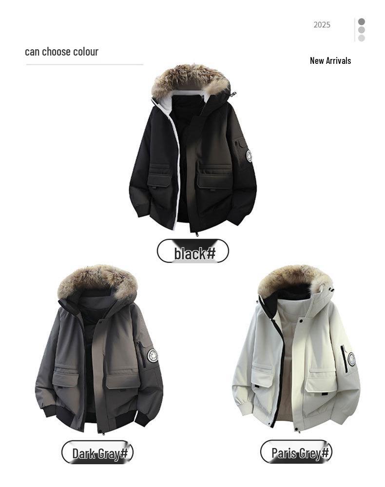 Men's Unisex Windproof Winter Workwear Down Jacket with Warm Hood & Large Fur Collar