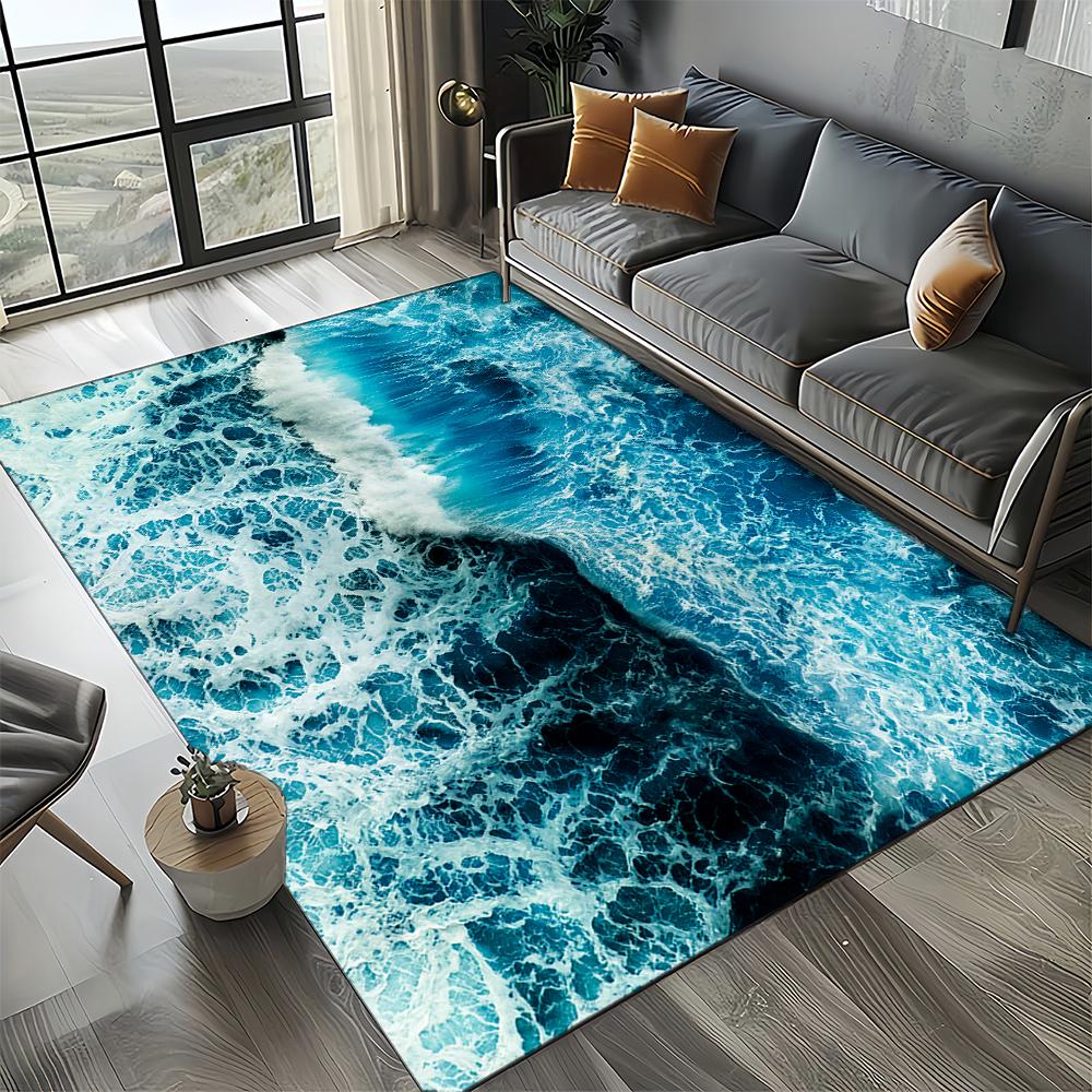 Style New Blue Green Seawater Sea Wave Ocean Carpet Rug for Living Room Bedroom Home Sofa Decoration, Floor Mat
