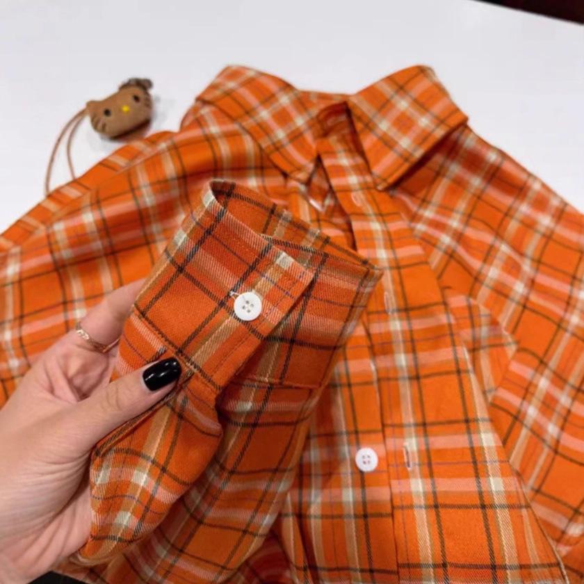 Women's Retro Orange Plaid Long Sleeve Shirt - Loose Casual Autumn/Spring Sun Protection, Couple-Friendly Design