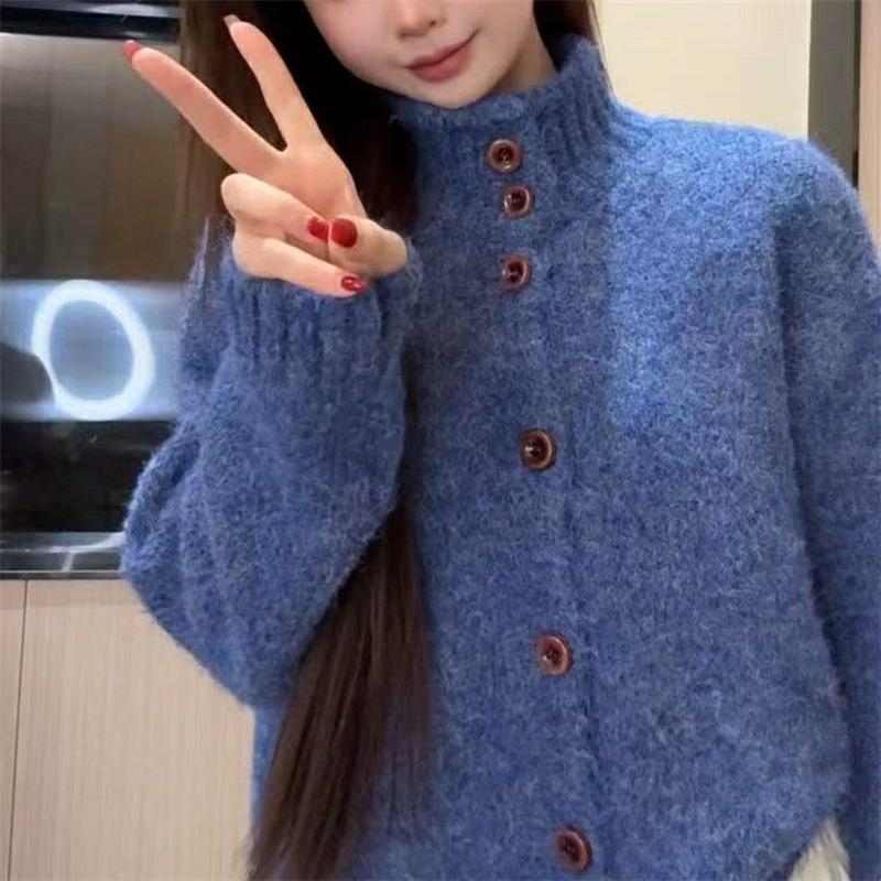 2026 Women's Solid Color High Neck Knit Cardigan – Autumn/Winter Collection