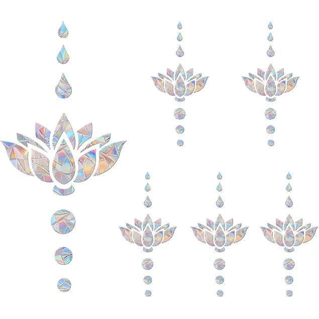 Window Clings for Birds - Anti-Collision Window Decals - Prismatic Non Adhesive Vinyl Rainbow Glass Stickers to Save Birds from Glass Strikes (Strip, Lotus flower-1, 6 sets