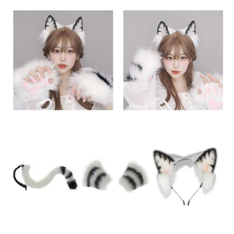 Cute Anime Beast Tail Cat Ear Headband Paw Gloves Set Lovely-Fox Tail Themed Party Costume Cosplay Props for Festivals