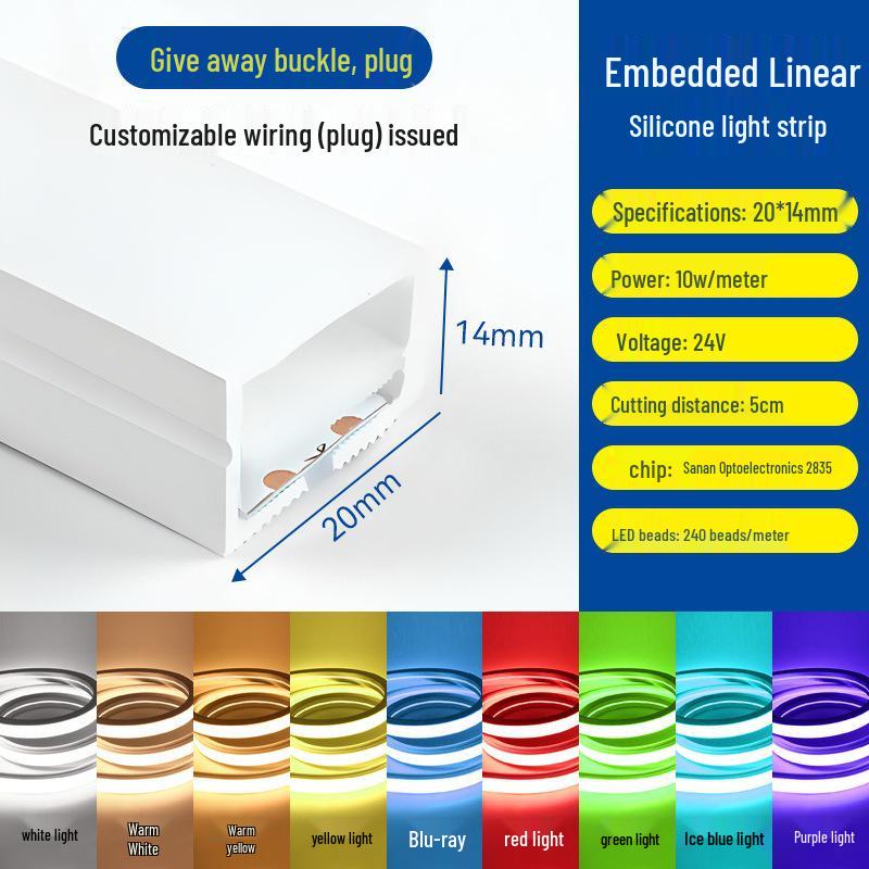 Dimmable Waterproof LED Silicone Strip, 12V-24V, 220V, Self-Adhesive, Embedded Linear Slot