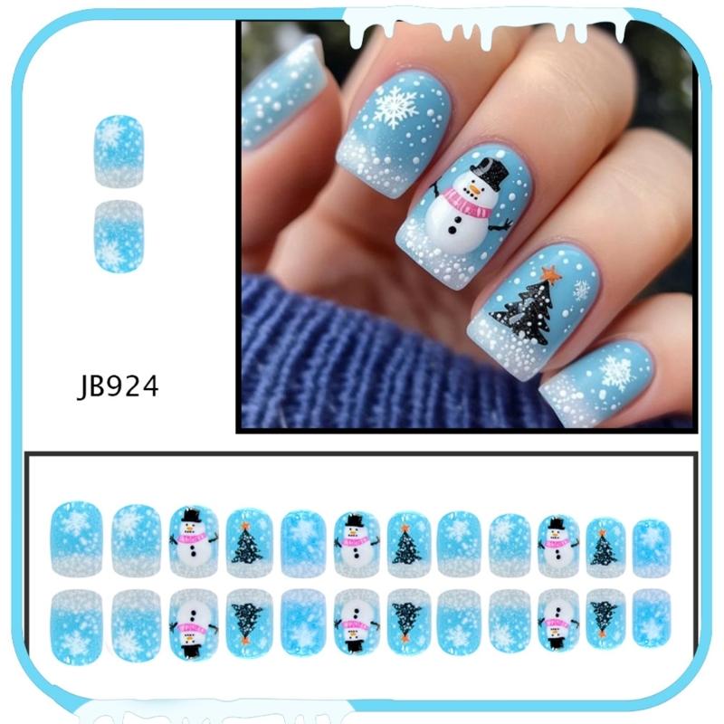 Pack of 24 Christmas Snowman Snowflake Blue Press On Nail ABS Build False Nail for Holiday Parties and Daily Wear