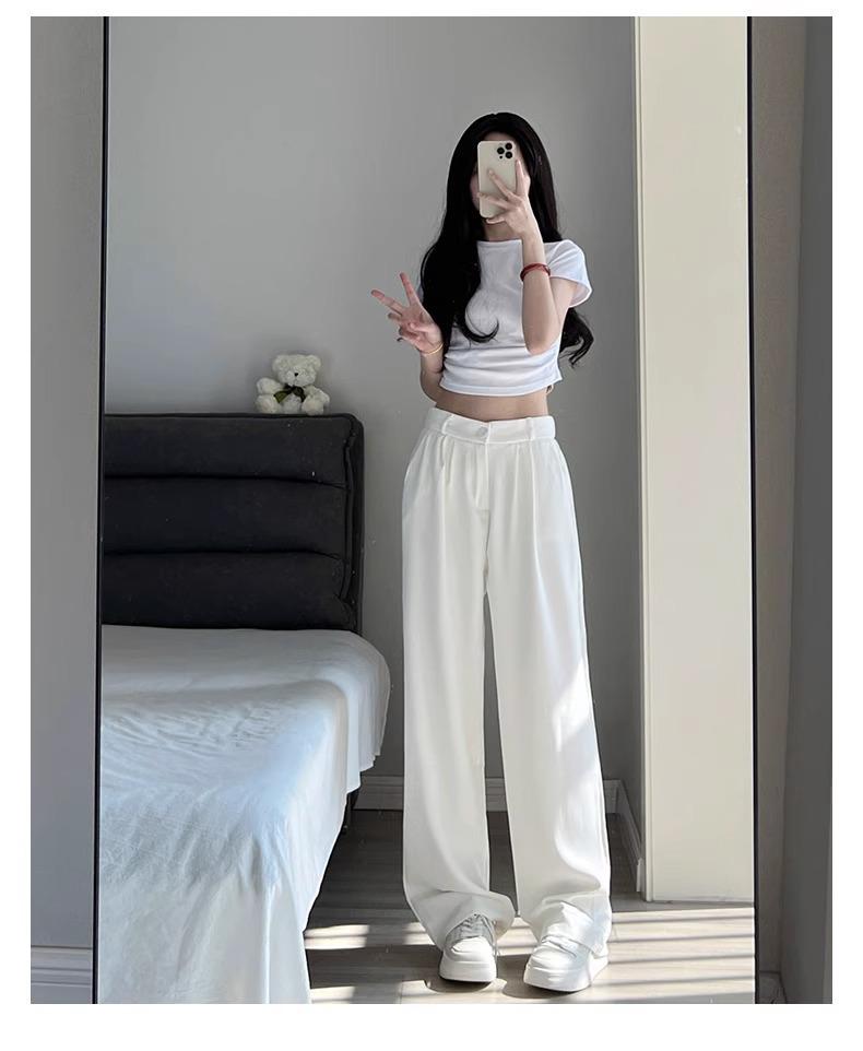 Women's 2024 High-Waist Black Wide-Leg Drape Suit Pants - Slim, Casual, Straight Fit for Spring