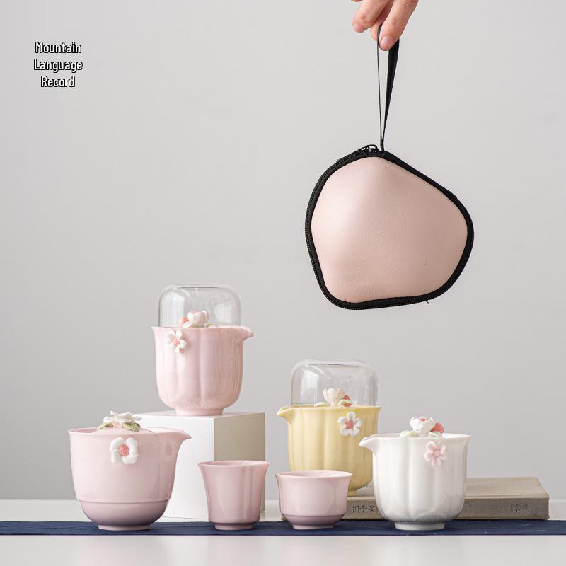 Portable Pink Ceramic Tea Set with One Pot & Three Cups - Ideal for Travel & Outdoor Use
