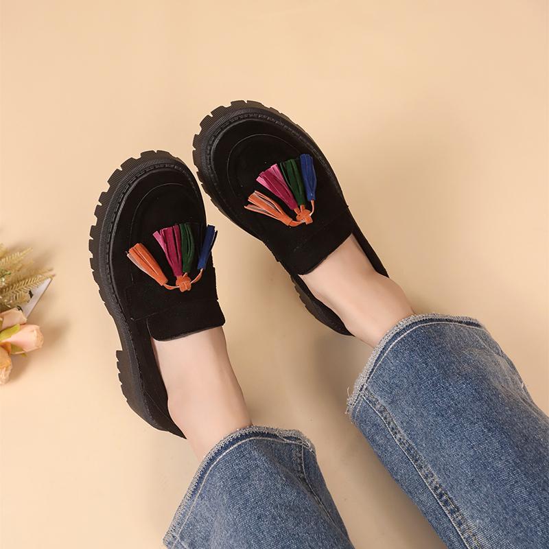 Fashion Women Platform Loafers 2024 Trend Ladies Shoes Tassels Designer Mid Heels Chunky Office Shoes Black Suede Leather