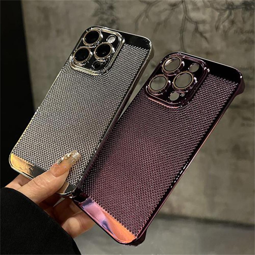 Luxury Frameless Plating Armor Cooling Case for iPhone 15 14 13 Pro Max Shockproof Camera Protection Slim Breathable Mesh Cover