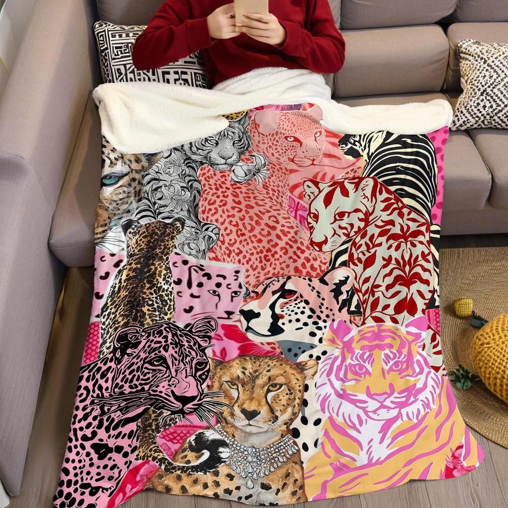 Pink Feline Collage Flannel Blanket Warm Soft Halloween Christmas Couch Warm Cozy Decorative Decor Gift for All Season