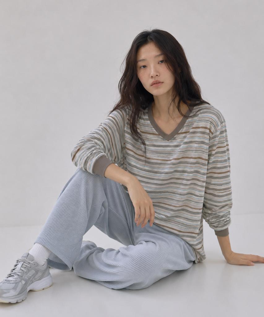 Sayu Mild Stripe V-Neck T-Shirt Mocha