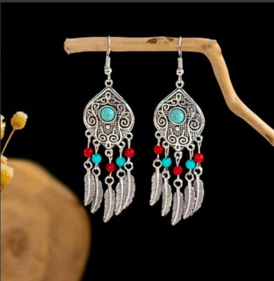 Peacock Tassel Earrings with Hollow Leaf Design in Retro Ethnic Style Imitation Silver for Women