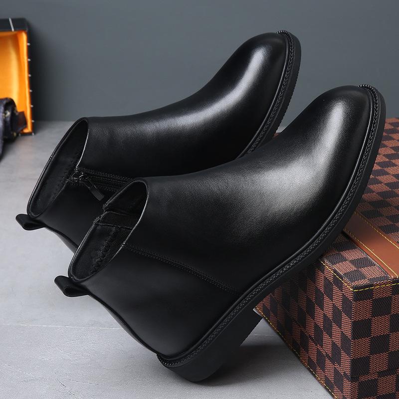Men's British Style Genuine Leather Chelsea Boots - Autumn/Winter Mid-Cut, Plus Velvet, Warm, Trendy, High-Top, All-Match.