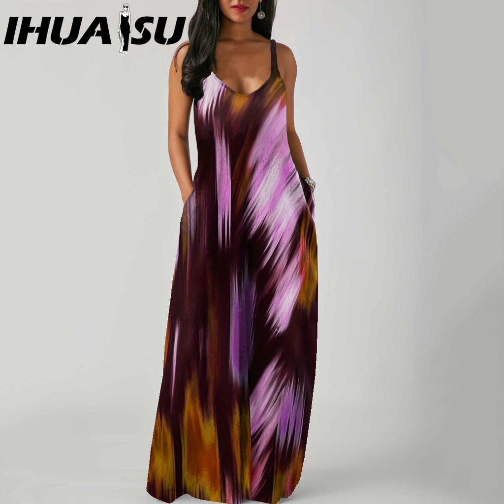 IHUASU Elegant Fashion Floor Length Sleeveless V Neck Simple Women Summer Retro Printed Loose Waist Straight Dress