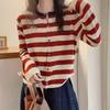 Retro Fashion Age Reducing Striped Contrasting Long Sleeved Knitted Cardigan Women's Autumn Single Breasted Round Neck Top