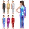 Tuta da ballo da palcoscenico per bambine: Body Asimmetrico Metallico Collo Alto Patchwork in Rete Schiena Zip Invisibile Abbigliamento da Danza