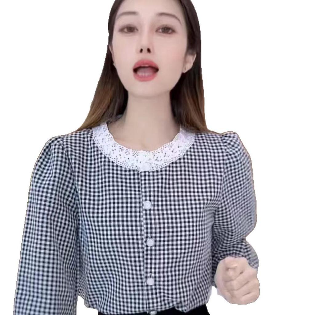 2026 Women's French Retro Plaid Lace Blouse - Long Sleeve Round Neck