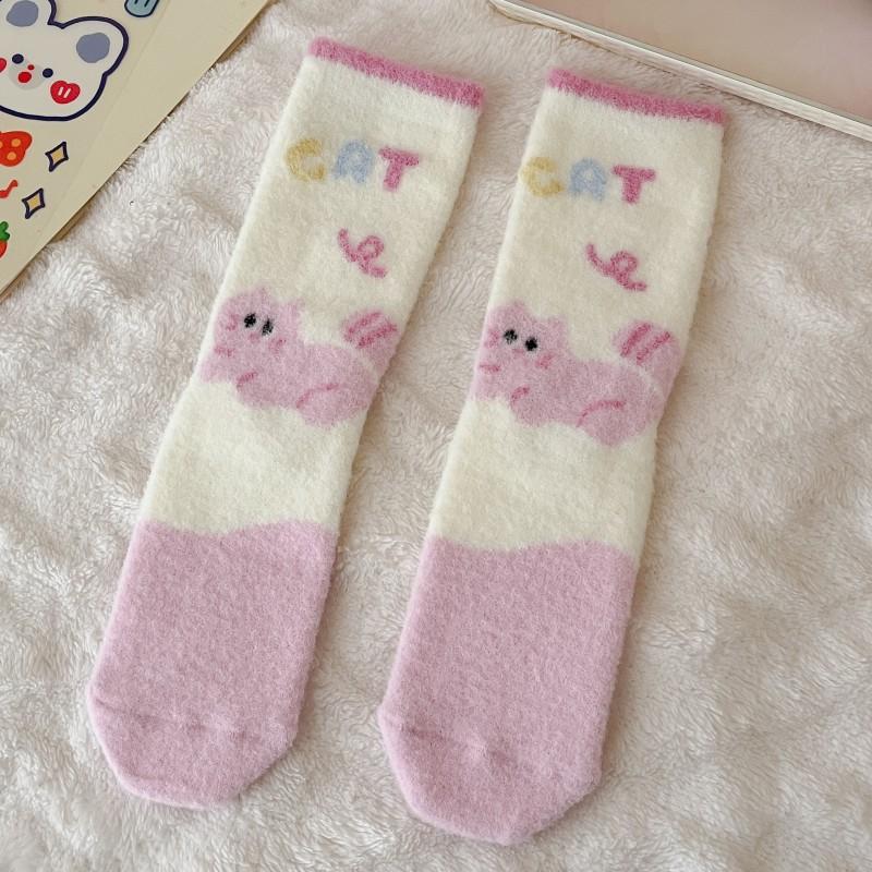 Plush Socks, Thick and Warm Mid-calf Socks for Autumn and Winter, Cute Cartoon Pink, Winter Home Furry Sleeping Socks
