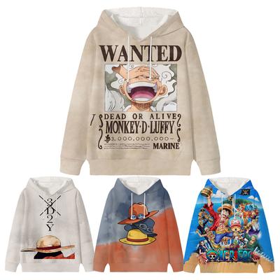 One Piece Luffy Wanted Children Hoodies Autumn Winter Kids Velvet Pullover Casual Clothes Kid Girl Boy Cartoons Kawaii Tops Sweatshirts