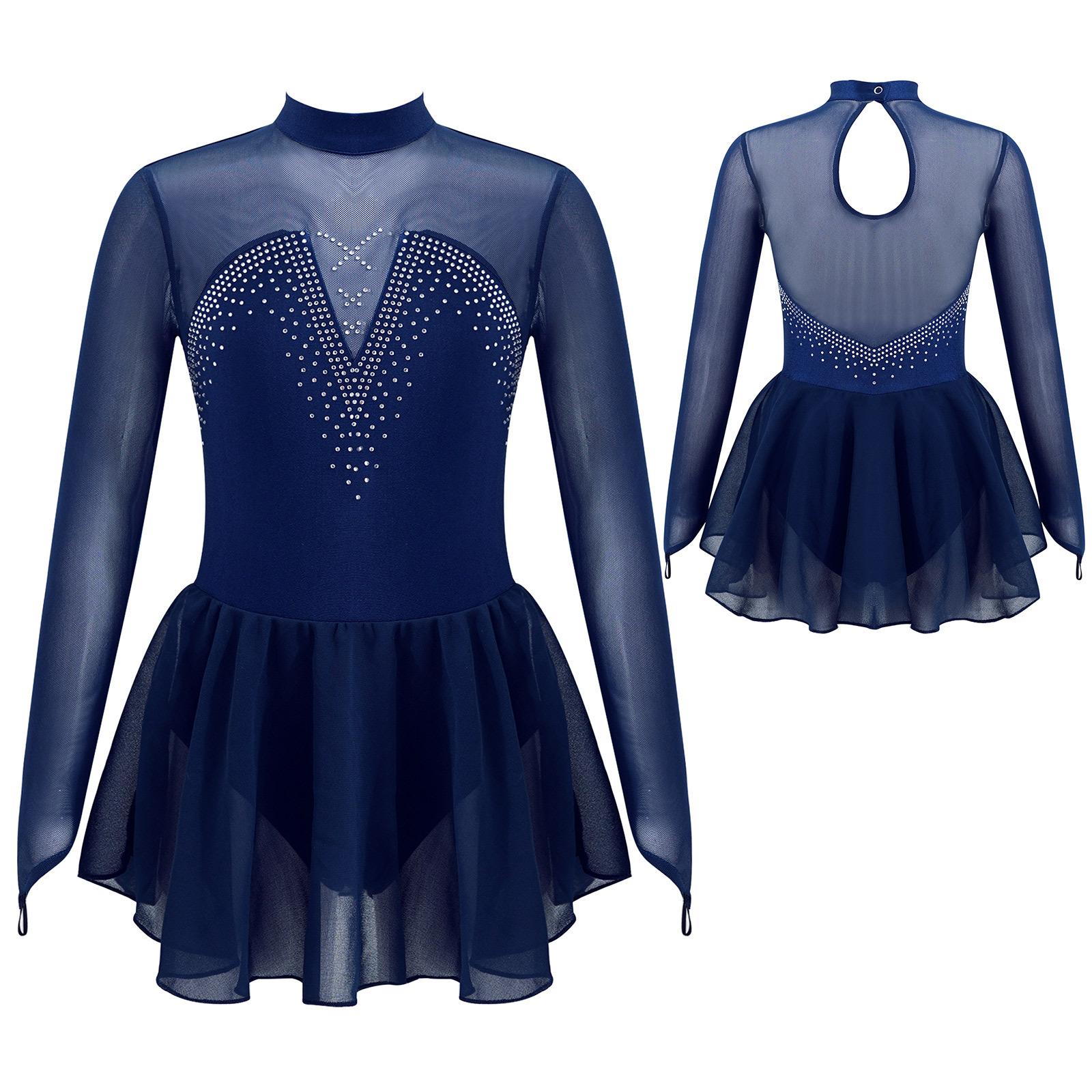 ZDHoor Kunstschaatsjurk Mesh Splice Style Jurk met lange mouwen Kinderen Meisjes Gymnastiek Danstraining 13-14 Years marineblauwe kleur