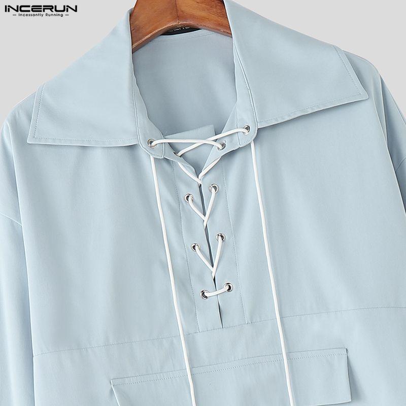 INCERUN Oversized Men Lapel Neck Long Sleeve Bandage Casual Loose Cropped Shirts