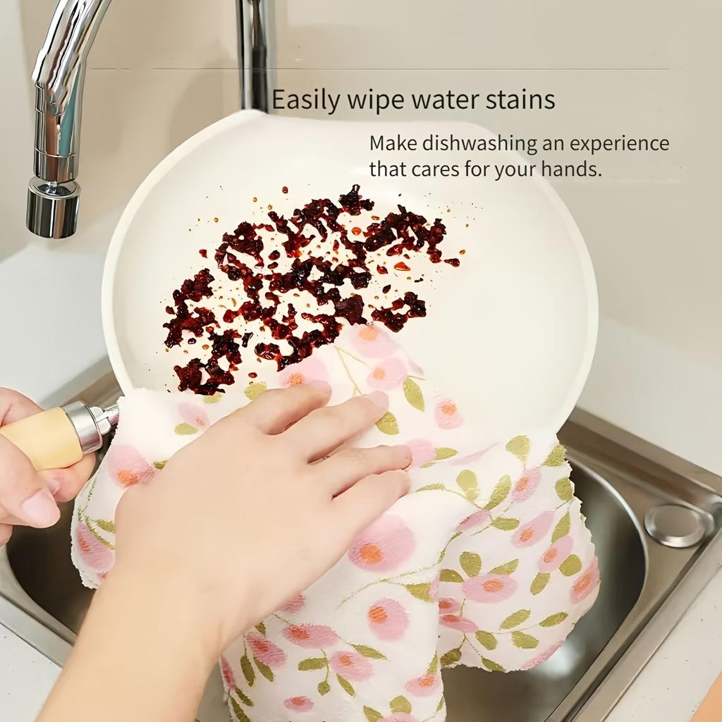 10Pcs Coral Velvet Kitchen Dish Cloth Highly Absorbent Cleaning Towel Floral Printed Thick Washing Cloths Scouring Pad