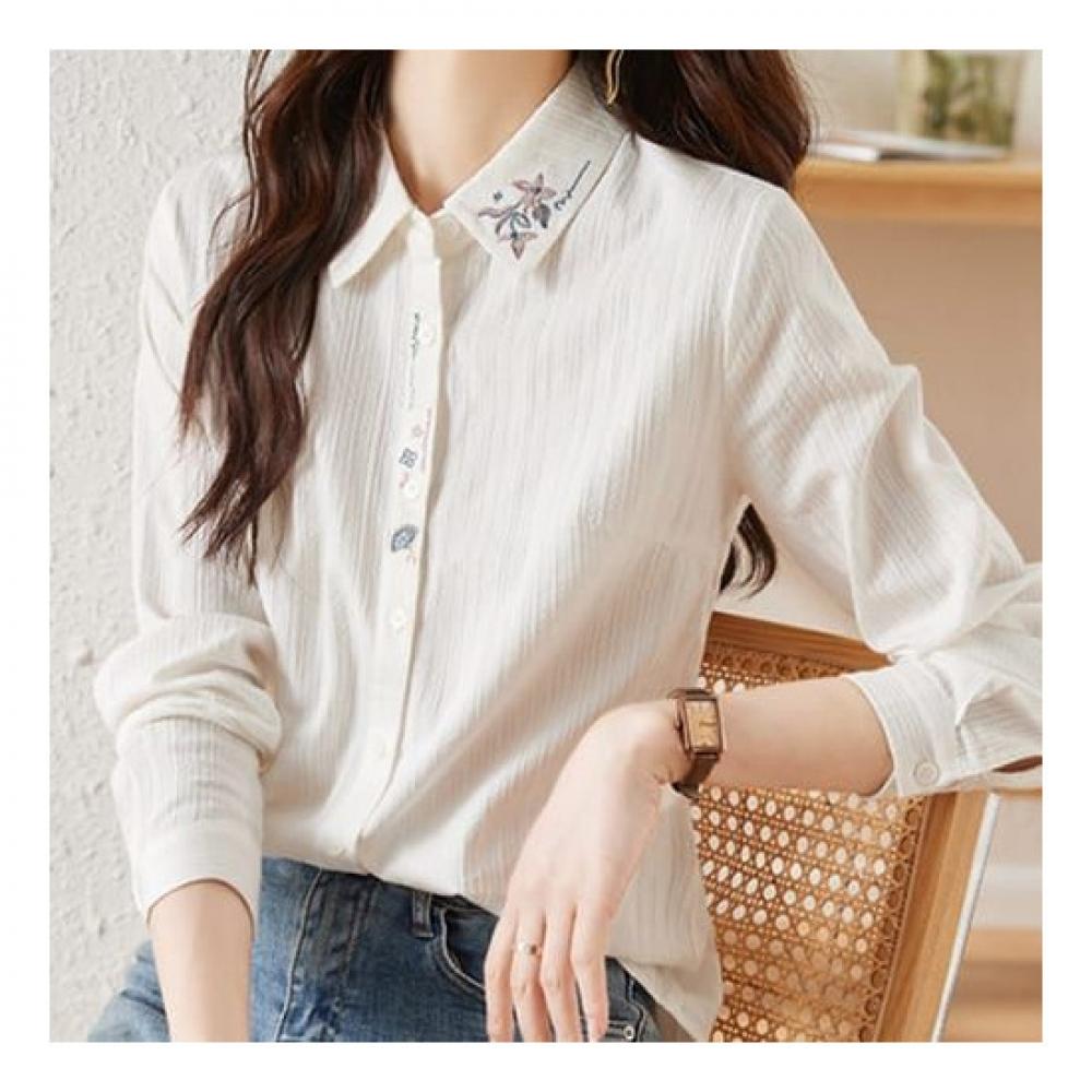 Navava Retro Flower Embroidery Long Sleeve Collar Shirt Nb1849