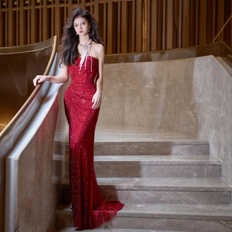 

Light Luxury Niche French style Dress for Toast Bride Temperament High end Engagement Banquet Tube Top Host Fishtail Evening dress Burgundy S