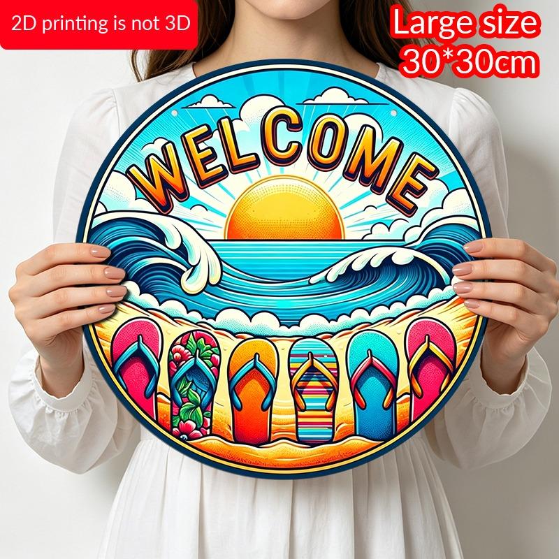2D Flat Summer Beach "Welcome" Aluminum Decorative Signs and Plaques in Various Sizes. Flip-flop Summer Wave Pattern Wall Decorations Suitable for