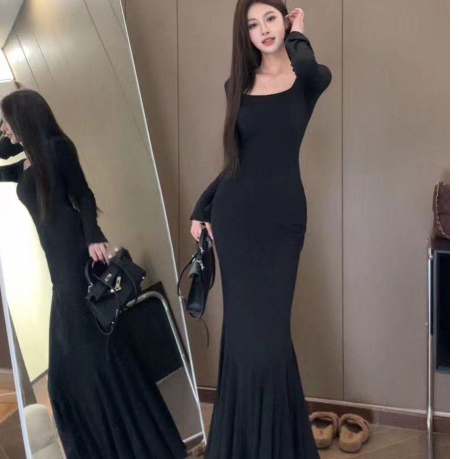 Atmospheric Korean-Style 2025 Black Fishtail Dress for Women