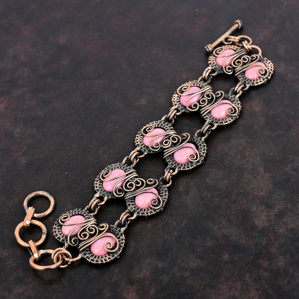 Thulite Bracelet Copper Wire Wrapped Gemstone Jewelry Adjustable Chain Bracelet Handmade Jewelry Copper Wire Wrap Bracelet Engagement Gifts