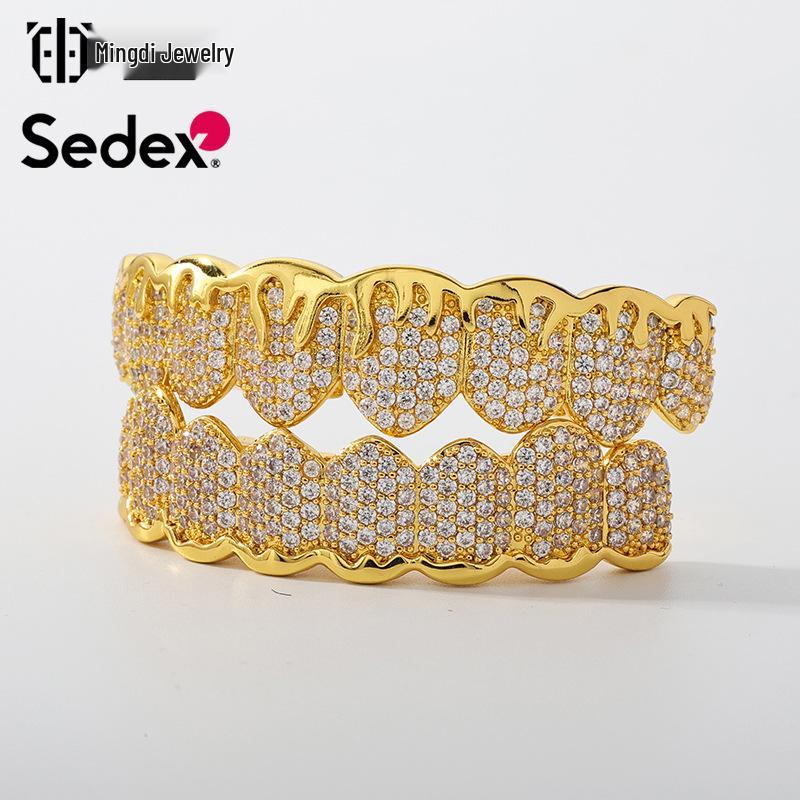 Hot Selling Halloween Hip Hop Grillz: Real Gold Plated Copper, Punk Zircon Paved, Big Gold Tooth Jewelry.