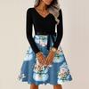 Ladies' Christmas Printed Casual And Fashionable V-neck Long Sleeved Dress