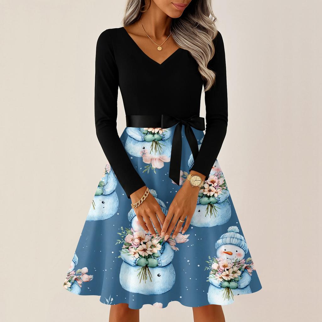 Ladies' Christmas Printed Casual And Fashionable V-neck Long Sleeved Dress