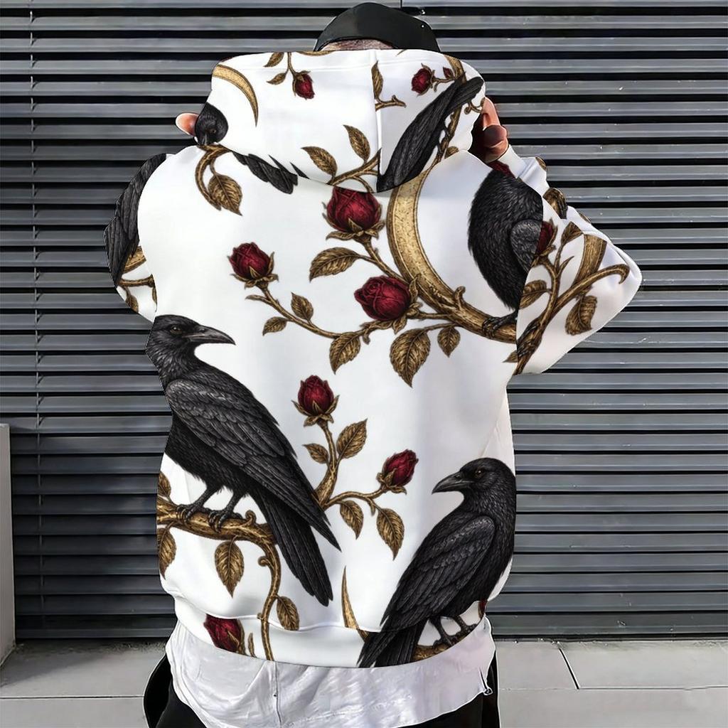 Men s Plus Size Long Sleeve Drawstring Hoodie Black Rose Gold Moon Star Printed White Kangaroo Pocket Pullover